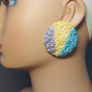 Oversized Textured Statement Earrings Vintage Button Pastel